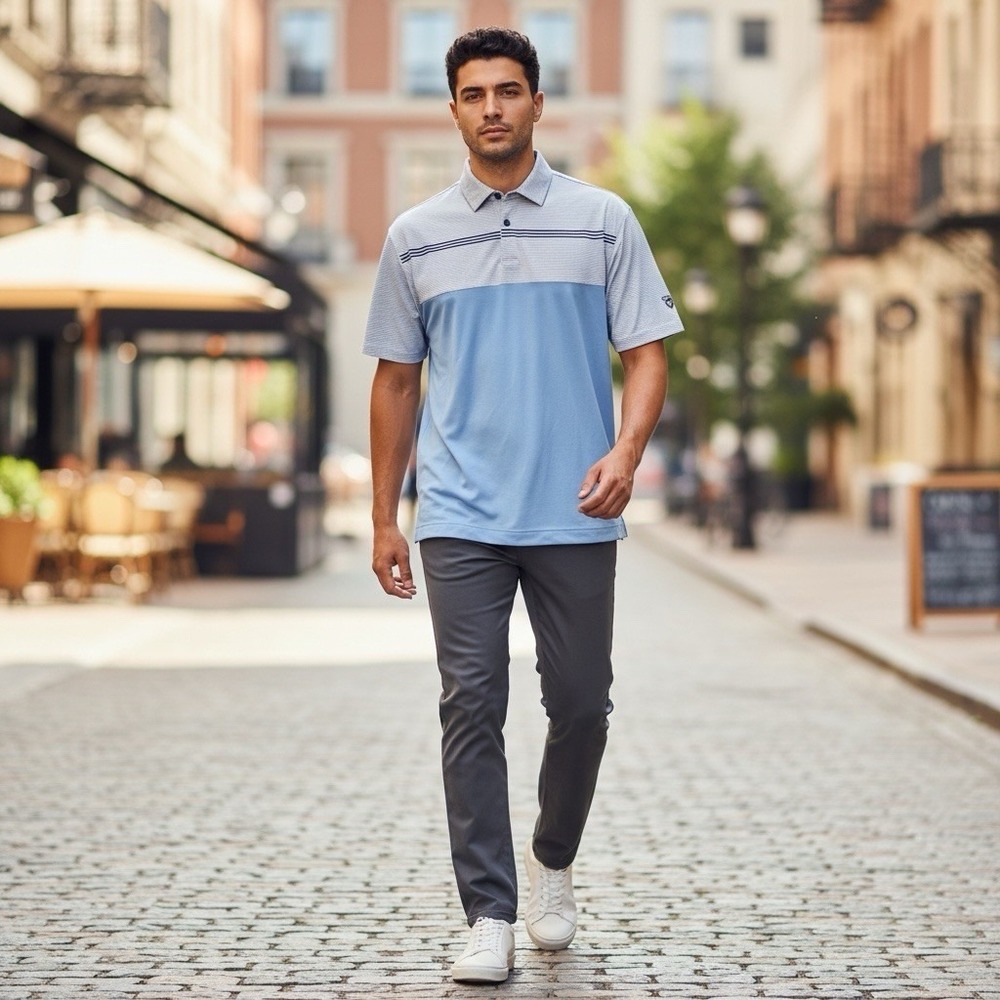 FootJoy Men's Lisle Engineered Pintsripe Polo Navy and Lagoon White Medium